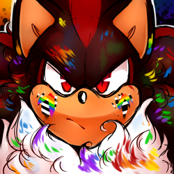Size: 3500x3500 | Tagged: safe, artist:velvedd, shadow the hedgehog, hedgehog, chest fluff, close-up, facepaint, frown, looking at viewer, paint, pride, red eyes, solo, straight ally
