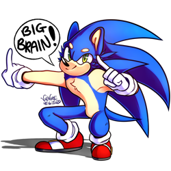 Size: 3500x3500 | Tagged: safe, artist:velvedd, sonic the hedgehog, hedgehog, big brain, chest fluff, dialogue, exclamation mark, gloves, looking at viewer, meme, pewdiepie, pointing, redraw, signature, simple background, smile, socks, solo, squatting, transparent background