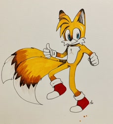 Size: 1872x2048 | Tagged: safe, artist:moeg96, miles "tails" prower, fox, aged up, black tipped ear, clenched fist, gloves, grey background, leg up, looking offscreen, shoes, signature, simple background, socks, solo, standing on one leg, thumbs up