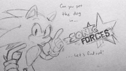 Size: 3423x1926 | Tagged: safe, artist:kimmyko, sonic the hedgehog, hedgehog, jackal, sonic forces, english text, grey background, logo, looking at viewer, monochrome, mouth open, pencilwork, simple background, solo, traditional media