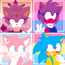 Size: 1800x1800 | Tagged: safe, artist:artyyline, amy rose, blaze the cat, miles "tails" prower, sonic the hedgehog, cat, fox, hedgehog, :3, bisexual pride, blushing, clenched teeth, gloves, group, icon, lesbian pride, looking at viewer, looking offscreen, pansexual pride, pride, raised eyebrow, smile, trans pride, v sign