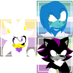 Size: 1800x1800 | Tagged: safe, artist:artyyline, knuckles the echidna, shadow the hedgehog, silver the hedgehog, echidna, hedgehog, abstract background, aro ace pride, aromantic pride, asexual pride, blushing, chest fluff, clenched fist, frown, gay pride, gloves, icon, looking offscreen, mlm pride, nonbinary pride, trio