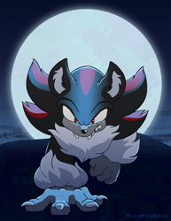 Size: 1000x1295 | Tagged: safe, artist:dragon-cookies, shadow the hedgehog, claws, clenched fist, fangs, fluffy, hand on ground, looking at viewer, moon, nighttime, signature, solo, werehog