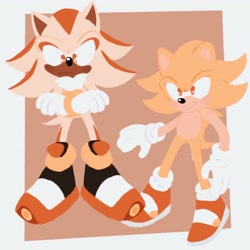 Size: 2048x2048 | Tagged: safe, artist:artyyline, shadow the hedgehog, sonic the hedgehog, super shadow, super sonic, hedgehog, sonic adventure 2, abstract background, arms folded, blushing, duo, frown, gloves, looking at viewer, looking offscreen, neck fluff, no outlines, shoes, shrunken pupils, smile, socks, standing, super form