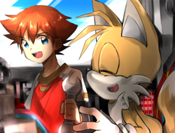 Size: 1200x912 | Tagged: safe, artist:krsnprpr, chris thorndyke, miles "tails" prower, fox, human, deviantart watermark, duo, eyes closed, gloves, holding something, looking at them, mouth open, sonic x, spanner, watermark