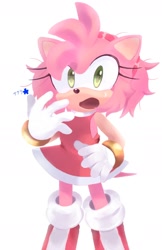 Size: 1200x1852 | Tagged: safe, artist:sakura_2739, amy rose, hedgehog, amy's halterneck dress, looking at viewer, messy hair, mouth open, signature, simple background, solo, standing, sweat, white background