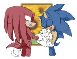 Size: 840x643 | Tagged: safe, artist:yatina, knuckles the echidna, sonic the hedgehog, echidna, hedgehog, abstract background, eyes closed, flower, gay, holding hands, knuxonic, looking at them, mouth open, shipping, smile, standing, sunflower