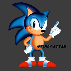 Size: 988x988 | Tagged: safe, artist:kingmist15, sonic the hedgehog, hedgehog, 3d, blender (medium), classic sonic, greg martin style, grey background, hand on hip, looking at viewer, simple background, smile, solo, standing, wagging finger