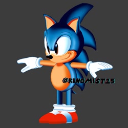 Size: 1237x1237 | Tagged: safe, artist:kingmist15, sonic the hedgehog, hedgehog, 3d, blender (medium), classic sonic, greg martin style, grey background, simple background, smile, solo, standing, t-pose