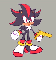 Size: 1914x2048 | Tagged: safe, artist:alexbeeza, shadow the hedgehog, hedgehog, blushing, grey background, gun, holding something, mouth open, simple background, smile, solo, standing