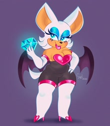 Size: 2322x2653 | Tagged: safe, artist:squididdlee, rouge the bat, bat, chaos emerald, cleavage, hand on hip, holding something, purple background, rouge's heart top, signature, simple background, smile, solo, standing