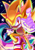 Size: 1263x1787 | Tagged: dead source, safe, artist:survivalstep, sonic the hedgehog, super sonic, hedgehog, abstract background, clenched teeth, flag, flying, gloves, holding something, looking at viewer, pointing, soap shoes, solo, star (symbol), super form, trans pride