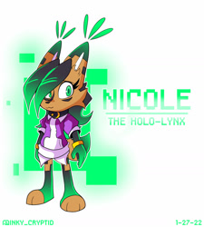 Size: 1280x1423 | Tagged: safe, artist:ink-cryptid, nicole the hololynx, lynx, :3, abstract background, character name, hair over one eye, looking at viewer, pixels, smile, solo, standing