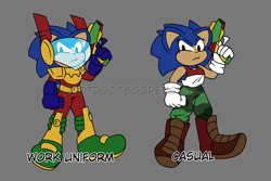 Size: 1200x800 | Tagged: safe, artist:dootdootboopedsnoot, zonic the zone cop, hedgehog, armor, boots, brown eyes, clenched fist, duality, duo, frown, grey background, gun, holding something, looking at viewer, pants, redesign, signature, simple background, standing, tank top