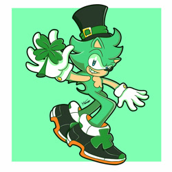 Size: 1024x1024 | Tagged: safe, artist:lfhm, irish the hedgehog, hedgehog, abstract background, clenched teeth, four leaf clover, gloves, hat, holding something, looking at viewer, running, shoes, signature, smile, socks, solo