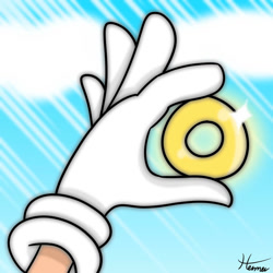 Size: 1024x1024 | Tagged: safe, artist:lfhm, sonic the hedgehog, hedgehog, sonic unleashed, clouds, gloves, holding something, redraw, ring, signature, solo, sparkles
