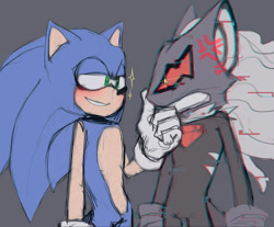Size: 1280x1058 | Tagged: safe, artist:pirog-art, infinite the jackal, sonic the hedgehog, hedgehog, jackal, angry, blushing, clenched teeth, duo, gay, glitch, gloves, grey background, grin, hand on chin, infinite's mask, lidded eyes, looking at each other, redraw, shipping, simple background, sonfinite, sparkles, standing