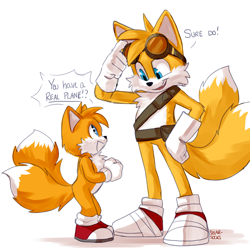 Size: 1280x1280 | Tagged: safe, artist:solar socks, miles "tails" prower, fox, sonic the hedgehog 2 (2022), admiration, belt, child, cute, dialogue, duo, gloves, goggles, hand on hip, hands together, looking at each other, looking down, looking up, mouth open, self paradox, shoes, signature, simple background, size difference, socks, sonic boom (tv), standing, tailabetes, white background
