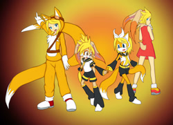 Size: 1600x1156 | Tagged: safe, artist:skye-izumi, cream the rabbit, miles "tails" prower, fox, human, rabbit, abstract background, child, cosplay, gradient background, group, headband, kagamine len, kagamine rin, pointing, standing, vocaloid