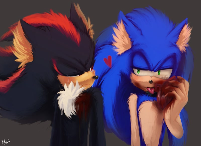 9367 - safe, artist:winkwonkblog, rouge the bat, shadow the hedgehog, sonic  the hedgehog, blushing, brown background, drink, drinking, ear piercing,  eyes closed, female, gay, heart, holding each other, holding something, kiss,  male