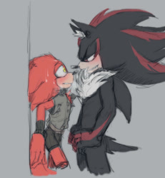 Size: 1280x1385 | Tagged: suggestive, artist:pirog-art, gadget the wolf, shadow the hedgehog, hedgehog, wolf, against wall, blushing, chest fluff, clenched teeth, crack shipping, duo, ear fluff, gay, gloves off, grey background, hands on hips, lidded eyes, looking at each other, panting, shadget, shipping, simple background, smile, sweatdrop