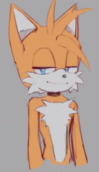 Size: 612x1052 | Tagged: safe, artist:pirog-art, miles "tails" prower, fox, grey background, grin, lidded eyes, looking at viewer, simple background, solo, standing