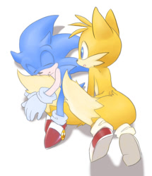 Size: 700x815 | Tagged: safe, artist:prr-11, miles "tails" prower, sonic the hedgehog, fox, hedgehog, cute, duo, eyes closed, gay, gloves, hugging, kneeling, looking at them, mouth open, shipping, shoes, simple background, sleeping, smile, socks, sonabetes, sonic x tails, tailabetes, white background