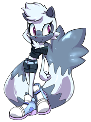 Size: 1024x1370 | Tagged: safe, artist:jamo_art, artist:jamoart, tangle the lemur, lemur, belt, chest fluff, crop top, hand on head, looking offscreen, shoes, shorts, simple background, smile, solo, standing, transparent background