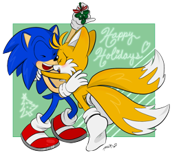 Size: 991x903 | Tagged: safe, artist:devotedsidekick, miles "tails" prower, sonic the hedgehog, fox, hedgehog, abstract background, blushing, christmas, cute, duo, eyes closed, featured image, gay, gloves, holding each other, holding something, hugging, mistletoe, mouth open, semi-transparent background, shipping, shoes, shoes off, signature, socks, sonabetes, sonic x tails, standing, tailabetes