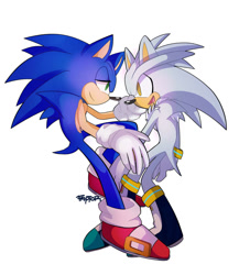 Size: 1024x1178 | Tagged: safe, artist:faptorolla, silver the hedgehog, sonic the hedgehog, hedgehog, boots, duo, gay, gloves, leg up, lidded eyes, looking at each other, mouth open, shipping, shoes, signature, simple background, smile, socks, sonilver, white background