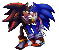 Size: 1024x878 | Tagged: safe, artist:faptorolla, shadow the hedgehog, sonic the hedgehog, hedgehog, duo, flower, frown, gay, gloves, hand on cheek, holding something, lidded eyes, looking at each other, mouth open, shadow x sonic, shipping, shoes, simple background, sitting, socks, white background