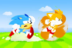 Size: 960x640 | Tagged: safe, artist:bthomas64, miles "tails" prower, sonic the hedgehog, fox, hedgehog, classic sonic, classic style, classic tails, clouds, duo, dust clouds, frown, gloves, looking ahead, looking at them, raised eyebrow, running, shoes, signature, socks, spinning tails, super peel-out