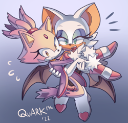Size: 2325x2244 | Tagged: safe, artist:quark19601, blaze the cat, rouge the bat, bat, cat, blazouge, boots, carrying them, duo, flying, frown, gloves, gradient background, heels, lesbian, mouth open, shipping, signature, socks