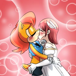 Size: 2000x2000 | Tagged: safe, artist:sonisis, princess elise, sally acorn, human, abstract background, blushing, crack shipping, duo, eyes closed, holding each other, kiss, lesbian, sallise