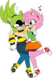 Size: 1211x1798 | Tagged: safe, artist:matttheenby, amy rose, surge the tenrec, hedgehog, tenrec, bisexual pride, blushing, clenched teeth, crack shipping, duo, hand on shoulder, hearts, hugging, lesbian, looking at each other, mouth open, one eye closed, shipping, signature, simple background, surgamy, transparent background, wagging tail