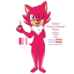 Size: 1232x1232 | Tagged: safe, artist:matttheenby, oc, oc:maria "cherry bomb" rose, hedgehog, arm behind back, backstory in description, bomb, chest fluff, colours, fangs, fankid, gloves off, hair over one eye, holding something, looking at viewer, mouth open, one eye closed, parent:amy, parent:shadow, parents:shadamy, pride flags, shoes off, simple background, socks off, solo, standing, this will end in blood, trans female, trans pride, transgender, transparent background