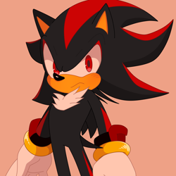 Size: 4000x4000 | Tagged: safe, artist:sydtird, shadow the hedgehog, hedgehog, blushing, chest fluff, frown, gloves, looking at viewer, orange background, simple background, solo, standing