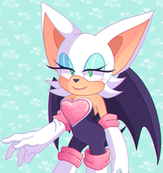 Size: 3781x4000 | Tagged: safe, artist:sydtird, rouge the bat, bat, abstract background, blushing, boots, fangs, gloves, large ears, lidded eyes, looking at viewer, smile, socks, solo, standing