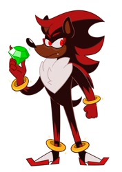 Size: 904x1280 | Tagged: safe, artist:astral_clefairy, shadow the hedgehog, hedgehog, chaos emerald, chest fluff, clenched fist, gloves off, holding something, looking offscreen, one fang, redesign, simple background, solo, sparkles, standing, white background