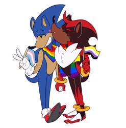 Size: 1265x1280 | Tagged: safe, artist:astral_clefairy, shadow the hedgehog, sonic the hedgehog, hedgehog, bandana, blushing, chest fluff, clenched teeth, duo, eyes closed, flag, gay, gay pride, gloves, headcanon, heart, holding hands, holding something, jacket, nonbinary pride, nuzzle, one fang, pride, shadow x sonic, shipping, shoes, simple background, smile, socks, standing, trans boy sonic, trans male, trans pride, transgender, v sign, white background