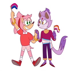 Size: 1265x1280 | Tagged: safe, artist:astral_clefairy, amy rose, blaze the cat, cat, hedgehog, amy x blaze, belt, bisexual pride, blushing, clenched teeth, duo, flag, glasses, gloves off, headcanon, holding hands, holding something, lesbian, lesbian pride, looking at each other, pride, redesign, shipping, simple background, smile, standing, trans female, trans pride, transgender, white background