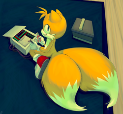 Size: 1981x1850 | Tagged: safe, artist:tigra0118, miles "tails" prower, fox, clenched teeth, electrical box, gloves, holding something, kneeling, large tail, looking back, shoes, smile, socks, solo, toolbox, wires