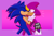 Size: 2524x1684 | Tagged: safe, artist:jennsterjay, espio the chameleon, sonic the hedgehog, hedgehog, abstract background, blushing, chameleon, duo, eyes closed, gay, gloves, holding them, kiss, looking at them, shipping, signature, sonespio, standing