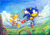 Size: 3482x2433 | Tagged: safe, artist:liris-san, miles "tails" prower, sonic the hedgehog, bird, fox, hedgehog, sonic the hedgehog 2, classic sonic, classic style, classic tails, clouds, duo, emerald hill, flying, frown, gloves, holding something, looking ahead, loop, mid-air, mouth open, palm tree, pencilwork, ring, shoes, socks, spring
