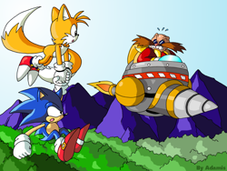Size: 1024x768 | Tagged: safe, artist:thepandamis, miles "tails" prower, robotnik, sonic the hedgehog, fox, hedgehog, human, marble garden zone, carrying them, classic robotnik, classic sonic, classic style, classic tails, clenched fist, clenched teeth, daytime, eggmobile, flying, gloves, holding hands, looking at each other, mid-air, mountain, outdoors, shoes, socks, sonic the hedgehog 3, trio