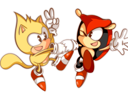 Size: 686x514 | Tagged: safe, artist:ipun, mighty the armadillo, ray the flying squirrel, armadillo, flying squirrel, classic mighty, classic ray, cute, duo, fistbump, gloves, looking at each other, mid-air, mightybetes, mouth open, outline, rayabetes, shoes, signature, simple background, socks, star (symbol), transparent background, v sign, wink