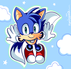 Size: 684x659 | Tagged: safe, artist:ipun, miles "tails" prower, fox, arms out, blue fur, clouds, color swap, flying, gloves, green eyes, looking at viewer, mid-air, peach fur, shoes, signature, smile, socks, solo, star (symbol), white fur
