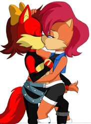 Size: 950x1298 | Tagged: suggestive, artist:aidman101, fiona fox, sally acorn, fox, breast grab, duo, eyes closed, grabbing tail, hand on head, holding each other, kiss, lesbian, lidded eyes, saliona, shipping, simple background, standing, white background