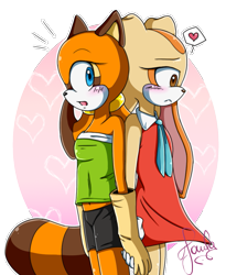 Size: 763x930 | Tagged: safe, artist:anthocat, cream the rabbit, marine the raccoon, rabbit, raccoon, abstract background, back to back, blushing, child, crush, duo, frown, gloves, heart, holding hands, lesbian, looking back, maream, mouth open, semi-transparent background, shipping, signature
