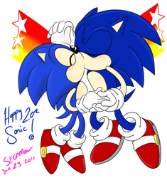 Size: 1000x1066 | Tagged: safe, artist:segamew, sonic the hedgehog, hedgehog, abstract background, anniversary, blushing, classic sonic, crack shipping, duo, eyes closed, gay, gloves, holding hands, kiss, modern sonic, selfcest, shipping, shoes, signature, socks, sonic x sonic, star (symbol)